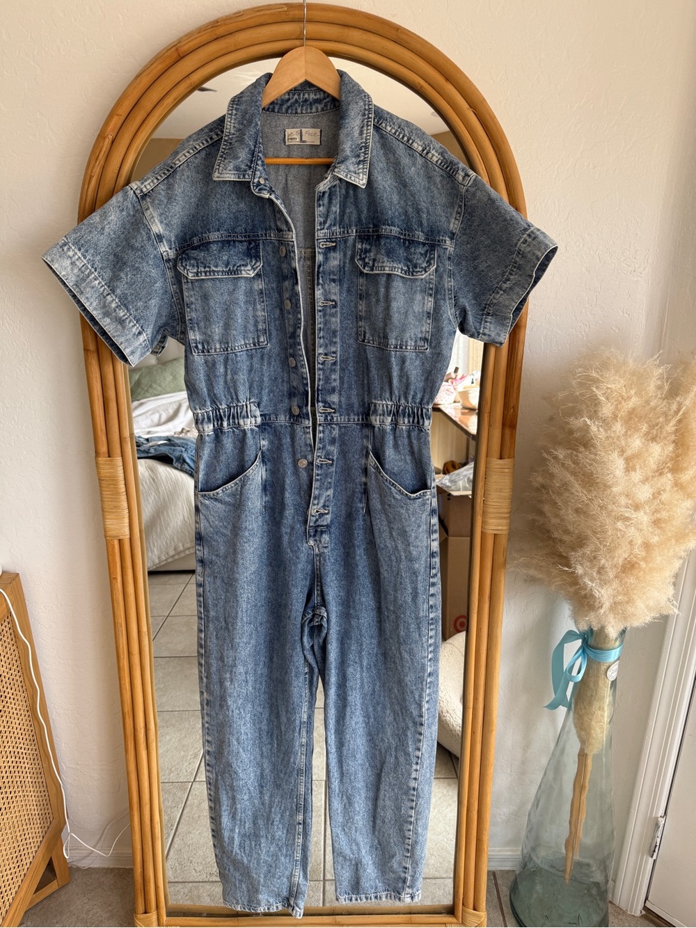 We The Free Blue Denim Short Sleeve Jumpsuit